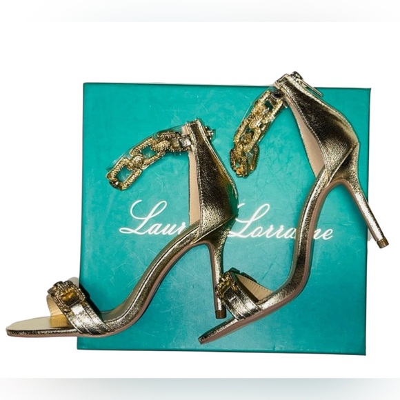 LAUREN LORRAINE GOLD RHINESTONES OPEN CHAIN ANKLE STRAP WOMEN SANDALS SIZE 5.5 M - Picture 7 of 13